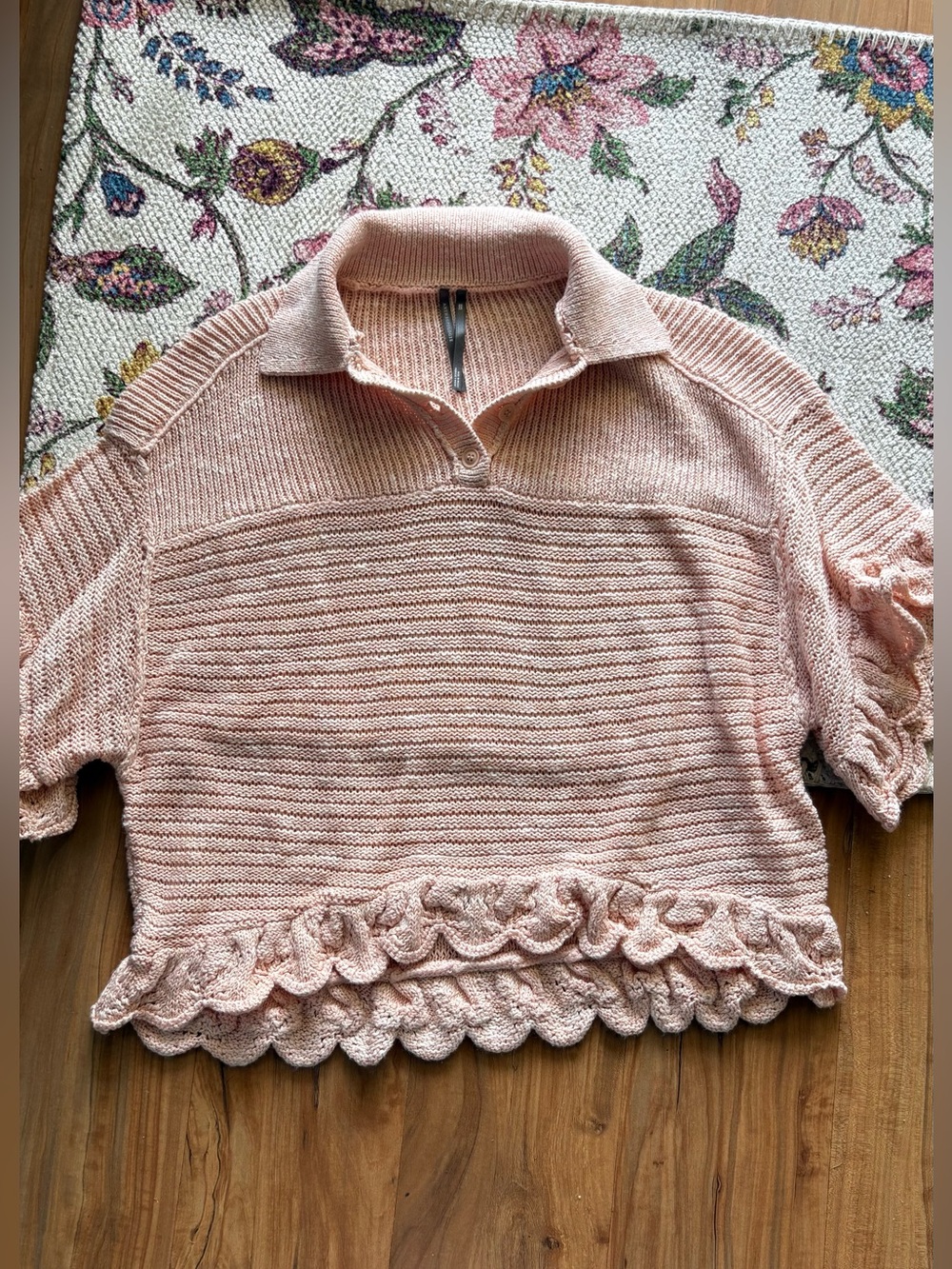 Anthropologie Blush Pink Knit Polo Crop Top with Ruffle Hem